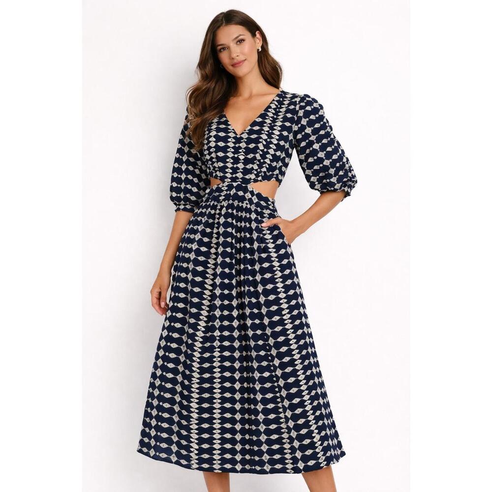 NWT SaturdayClub Navy Embroidered Cutout Detail Midi Dress Womens XXS